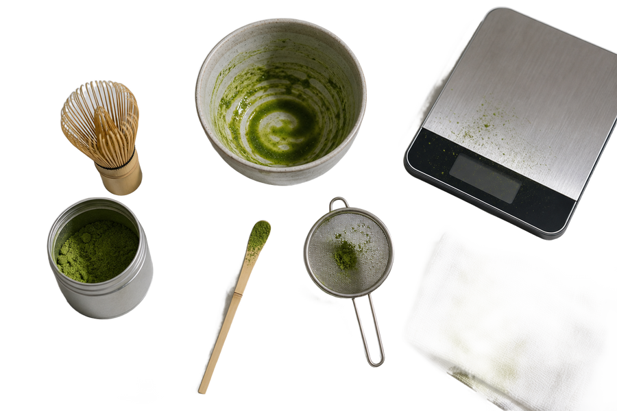 Traditional matcha tools and a creatine tub