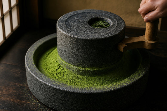 Traditional Japanese granite stone mill grinding tencha into fine matcha powder