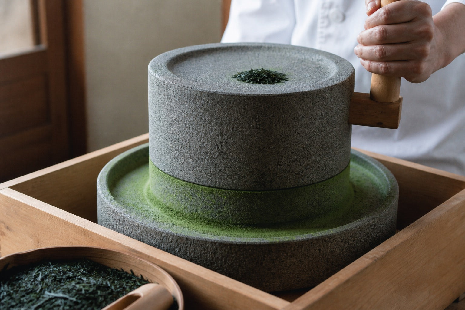 Traditional granite mill grinding tencha into matcha