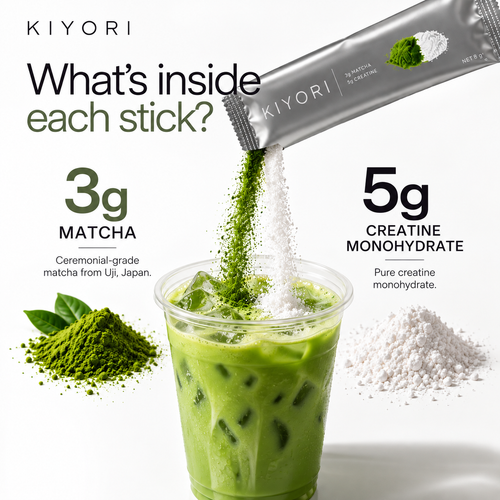 What's inside each Kiyori stick: 3 g ceremonial matcha and 5 g creatine monohydrate