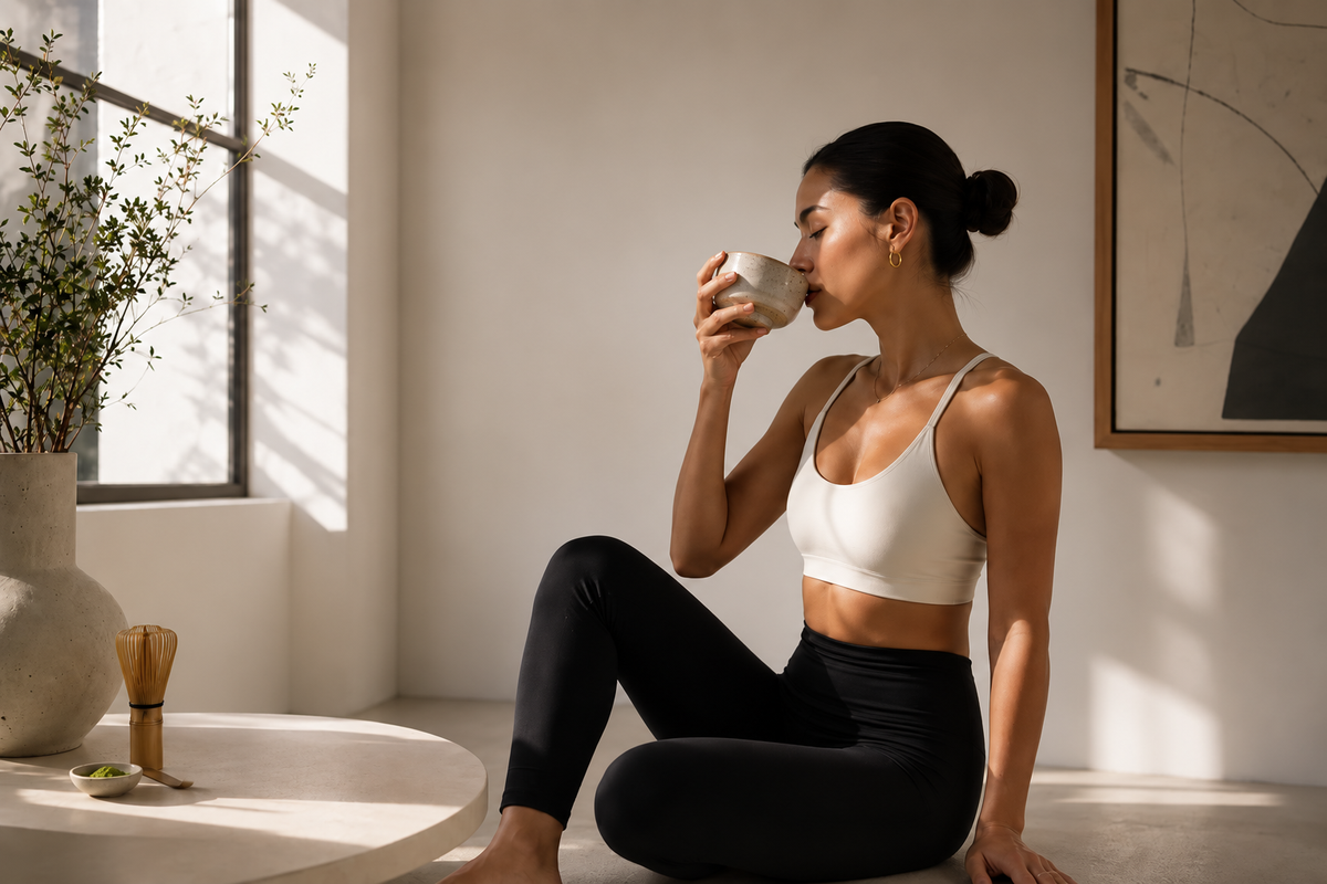 Woman drinking matcha after a workout in a sunlit room