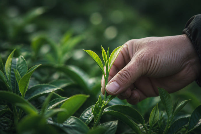 Editorial depiction of tender tea leaves being picked during the first spring harvest