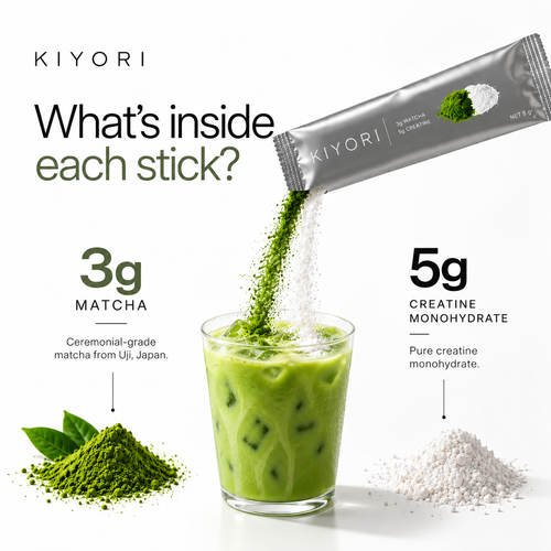 What's inside each Kiyori stick: 3 g ceremonial matcha and 5 g creatine monohydrate