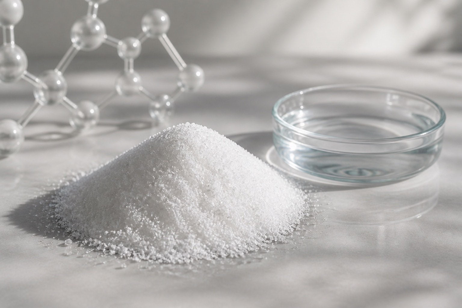 Creatine monohydrate crystals beside clear water