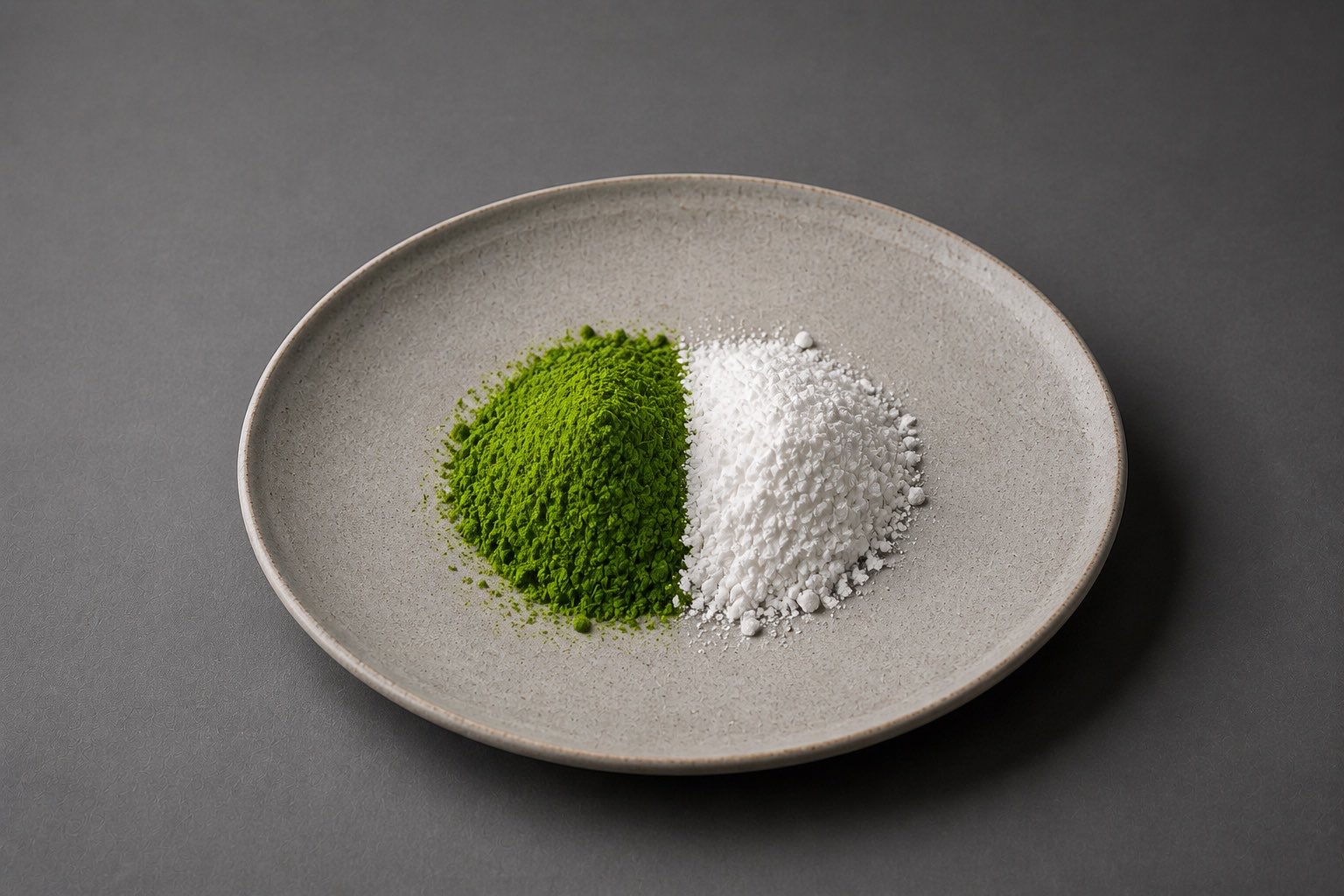 Vivid green matcha and white creatine monohydrate on a ceramic plate