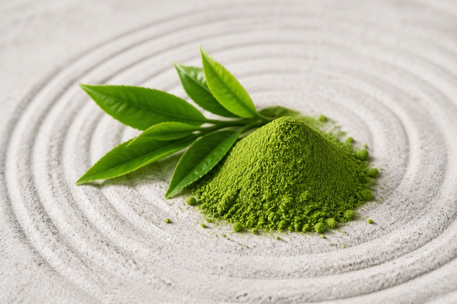 Stone-milled matcha powder with fresh tea leaves