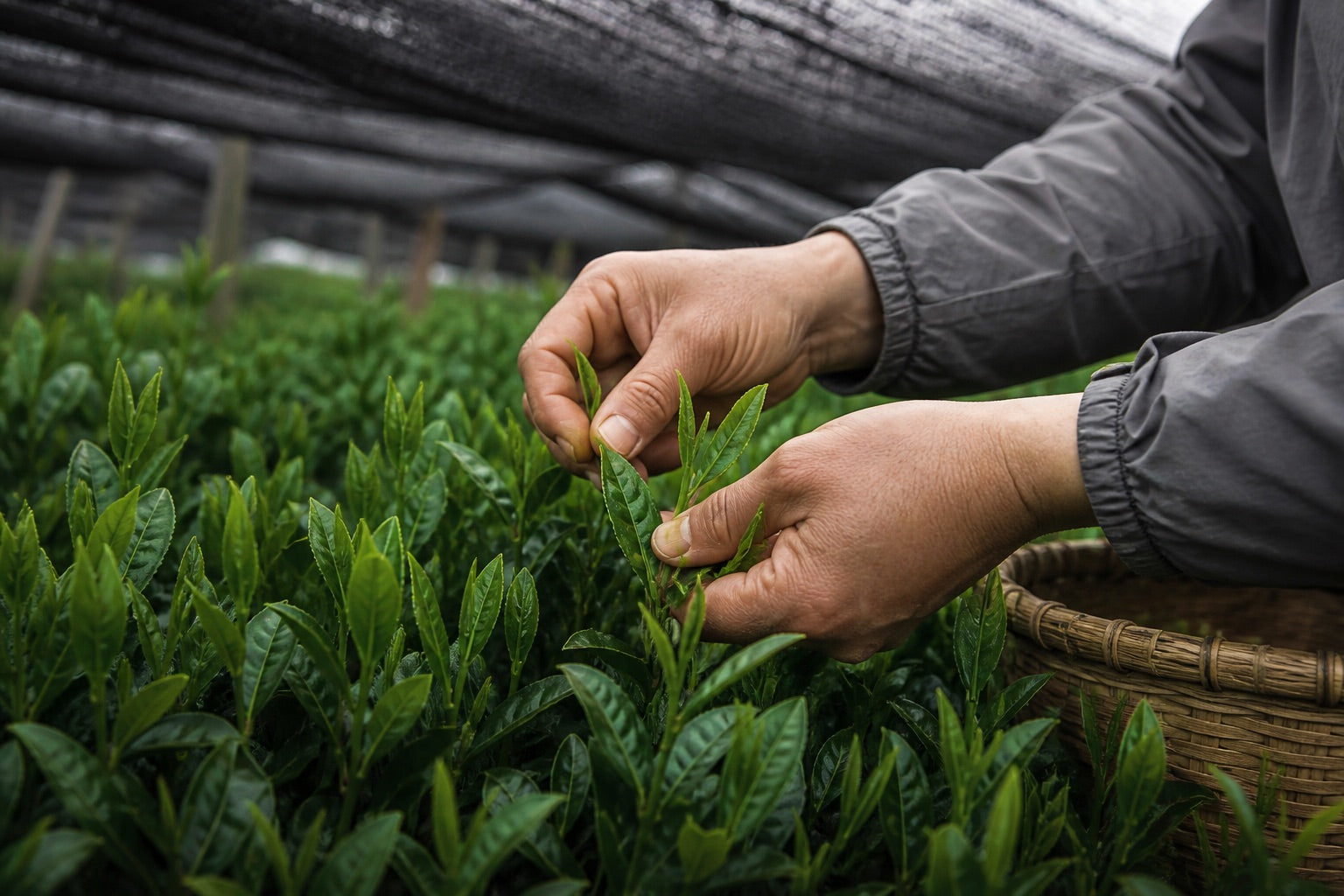 First-harvest tea leaves being picked in Uji