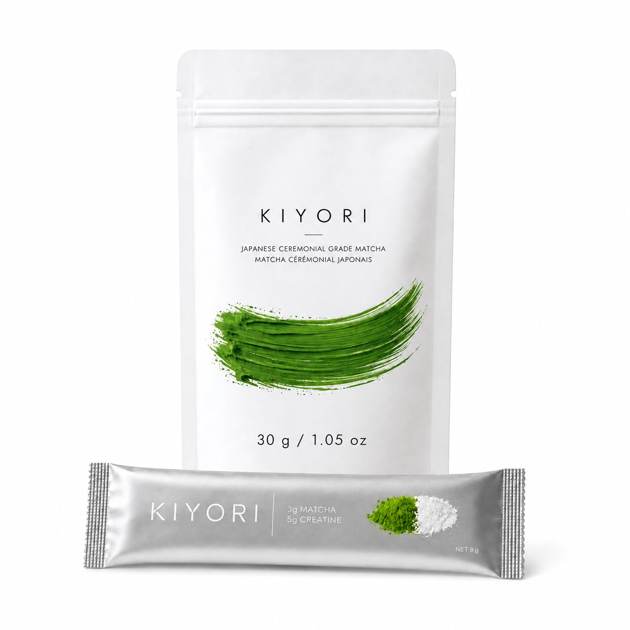 Kiyori ceremonial matcha bag with the new silver matcha and creatine sachet