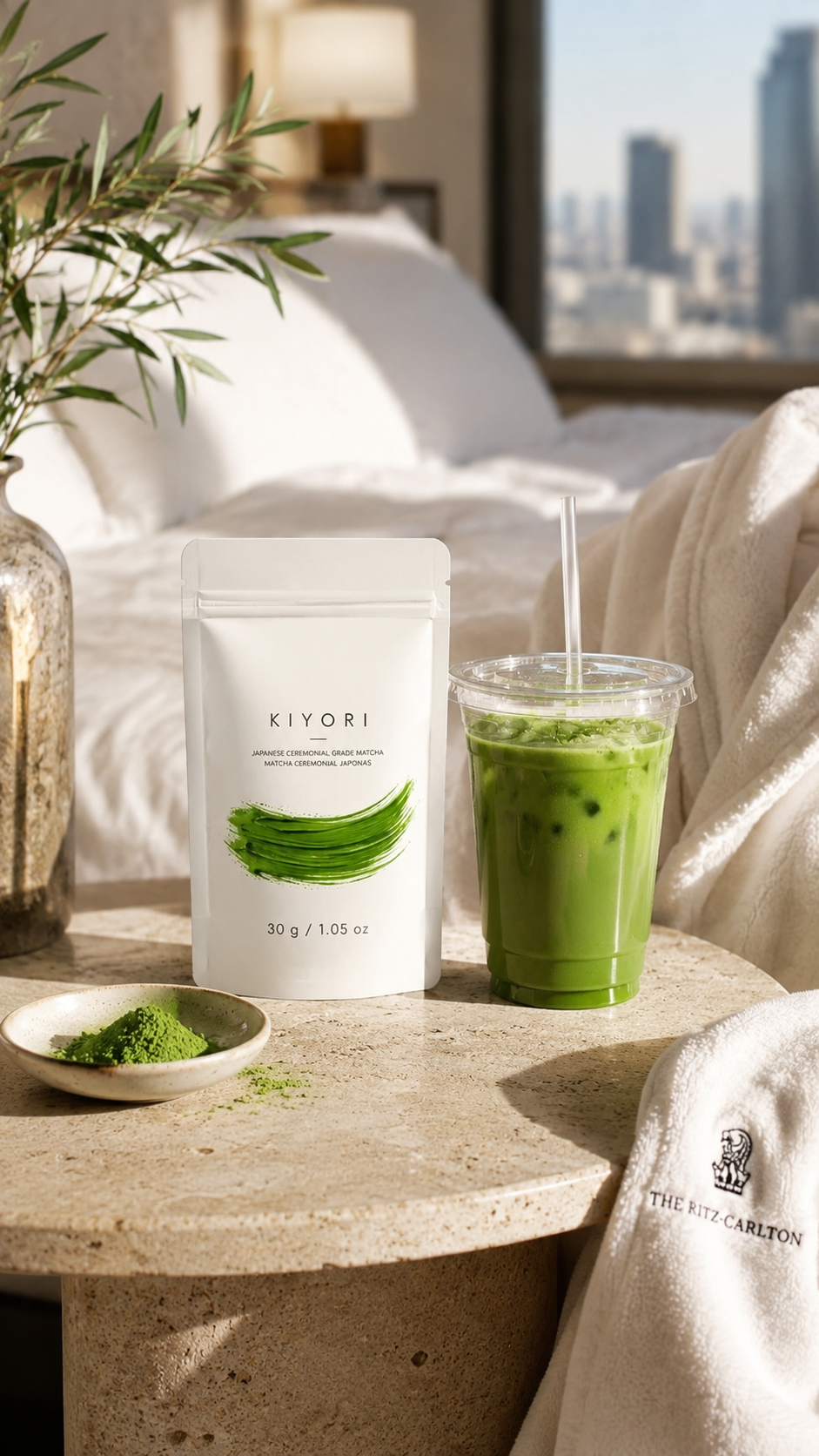 Kiyori ritual bag, prepared matcha, journal, and warm hotel morning light