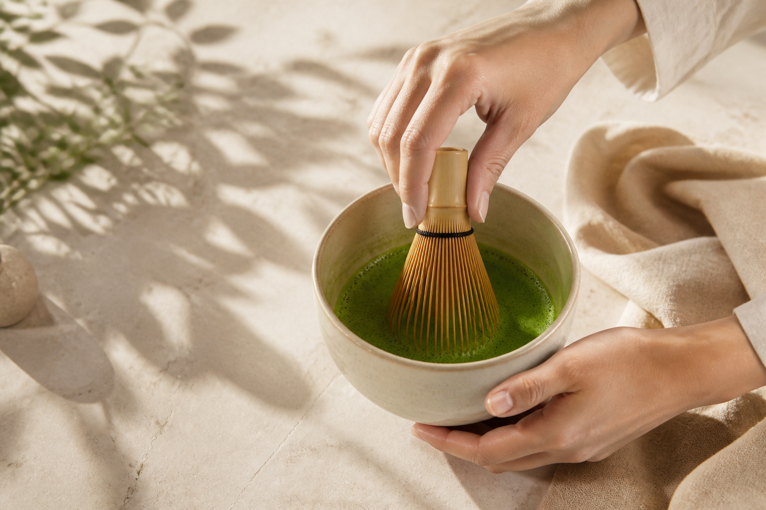 Hands whisking Kiyori matcha