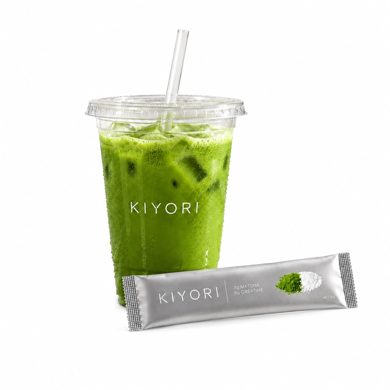 Finished iced Kiyori matcha with the silver stick on white